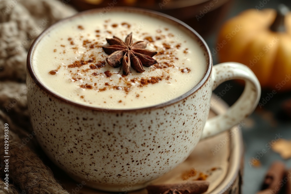 Creamy ashwagandha latte with pumpkin, cinnamon, and nutmeg in cozy autumn mug Creamy ashwagandha latte with pumpkin, cinnamon, and nutmeg in cozy autumn mug