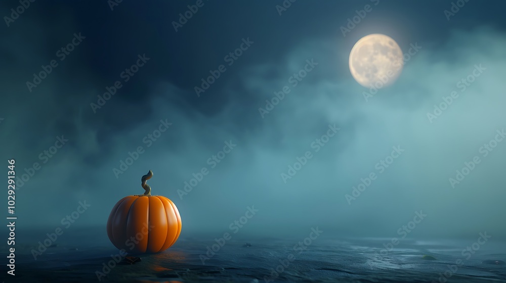 Foggy night with pumpkin and moon, Halloween background, high quality, hyper realistic, copy space. Foggy night with pumpkin and moon, Halloween background, high quality, hyper realistic, copy space.