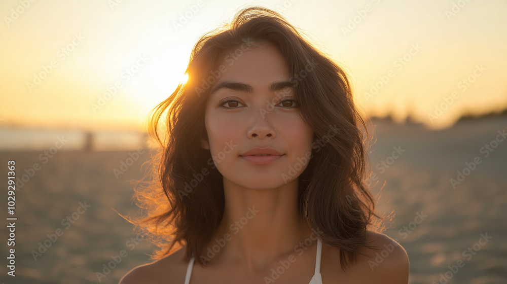 Wide-angle shot of a woman standing on the beach at sunset, with golden light reflecting off her sun-kissed skin. A soft breeze tousles her hair, and the serene scene highlights her glowing complexion