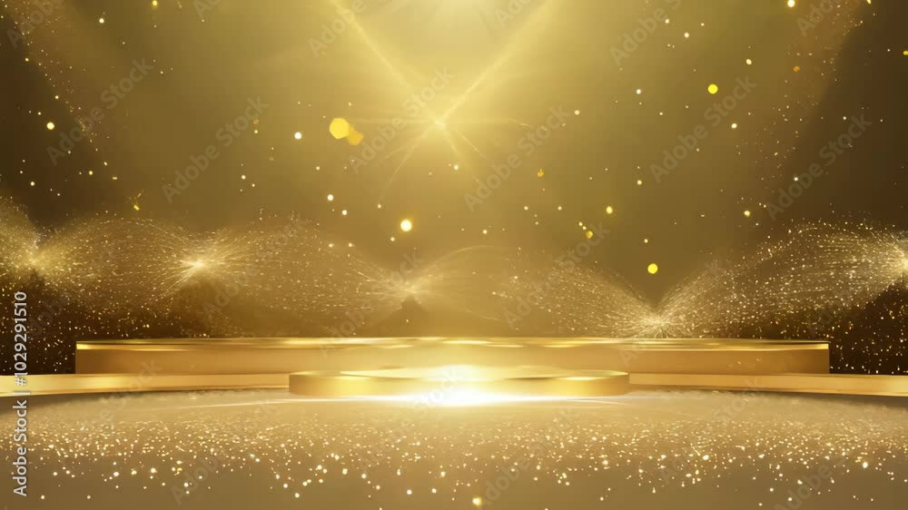 Golden stage with dazzling lights showcases performances during a spectacular evening event in a grand venue