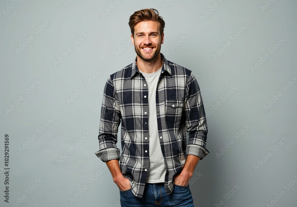 Confident Portrait of a Man in a Casual Checkered Shirt, Emphasizing Natural Smile and Simple Background Confident Portrait of a Man in a Casual Checkered Shirt, Emphasizing Natural Smile and Simple Background