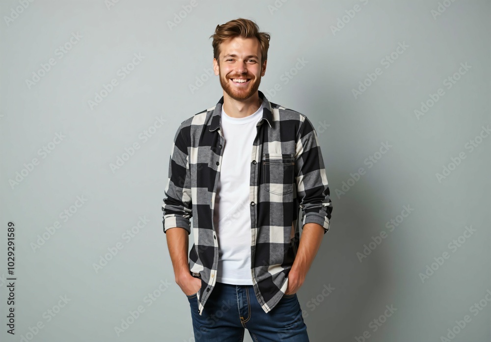 Confident Portrait of a Man in a Casual Checkered Shirt, Emphasizing Natural Smile and Simple Background Confident Portrait of a Man in a Casual Checkered Shirt, Emphasizing Natural Smile and Simple Background