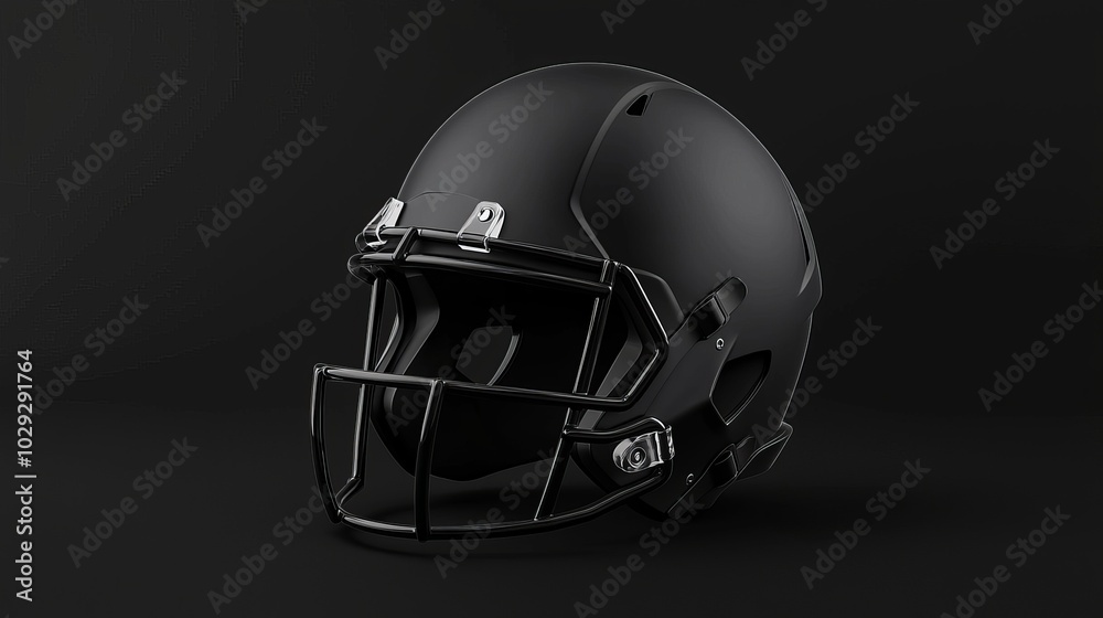 A sleek black american football helmet showcased against a dark background, emphasizing its modern design and sporty aesthetics.