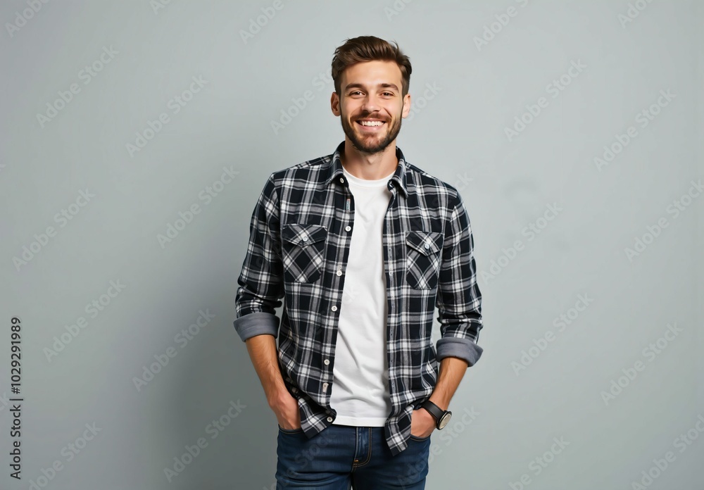 Smiling Man in Casual Checkered Shirt and Relaxed Fashion, Stylish and Laid-back Lifestyle Portrait Smiling Man in Casual Checkered Shirt and Relaxed Fashion, Stylish and Laid-back Lifestyle Portrait