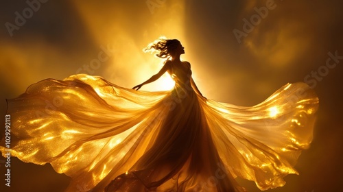 A woman in a golden dress is flying through the air
