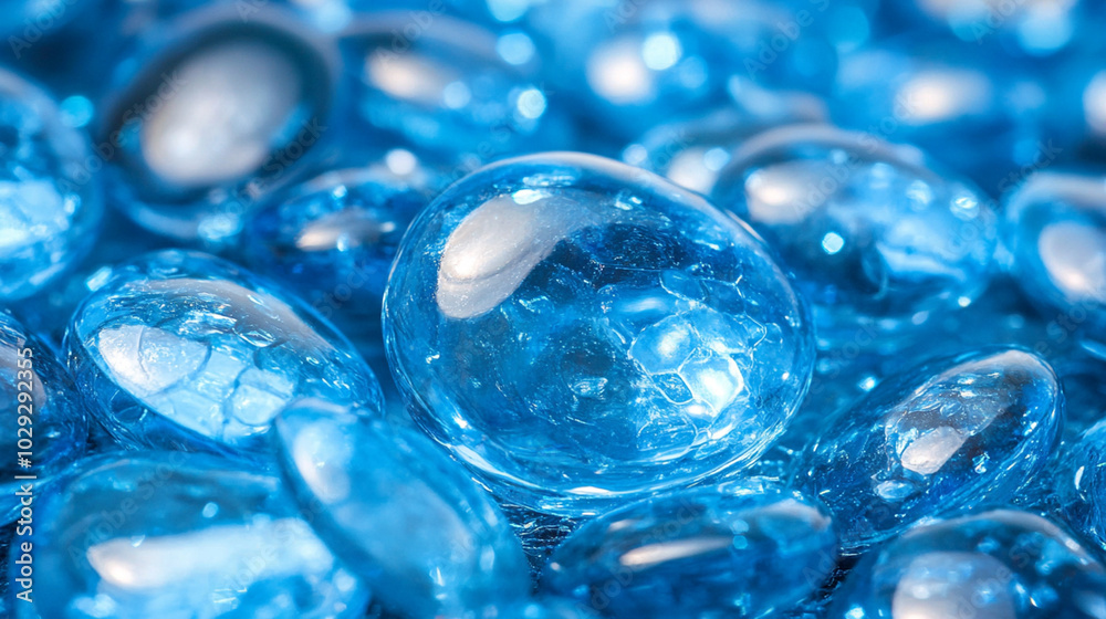 A close-up view of shiny blue gel-like beads scattered across a surface. The beads have a smooth, reflective surface and varying sizes, creating a visually appealing texture and depth. A close-up view of shiny blue gel-like beads scattered across a surface. The beads have a smooth, reflective surface and varying sizes, creating a visually appealing texture and depth.