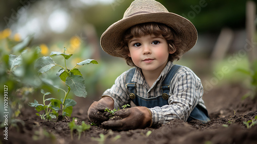 Child planting vegetables in garden, focused expression, nature background.