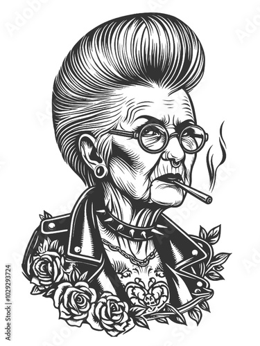 elderly woman with a punk pompadour hairstyle, smoking and wearing a leather jacket, showcasing rebellion and attitude sketch engraving generative ai vector illustration. Black and white image.