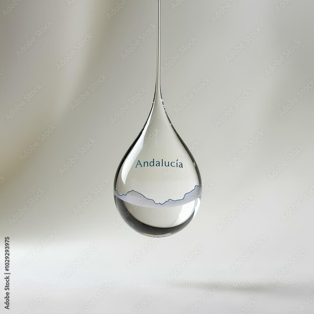 Obraz premium Crystal Water Droplet Shaped Like Andalucía – A perfect droplet of water suspended in air