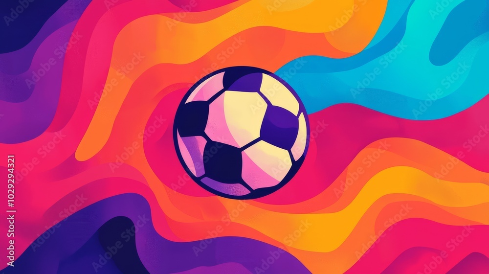 Fototapeta premium A colorful, abstract illustration featuring a soccer ball amidst vibrant, swirling patterns.