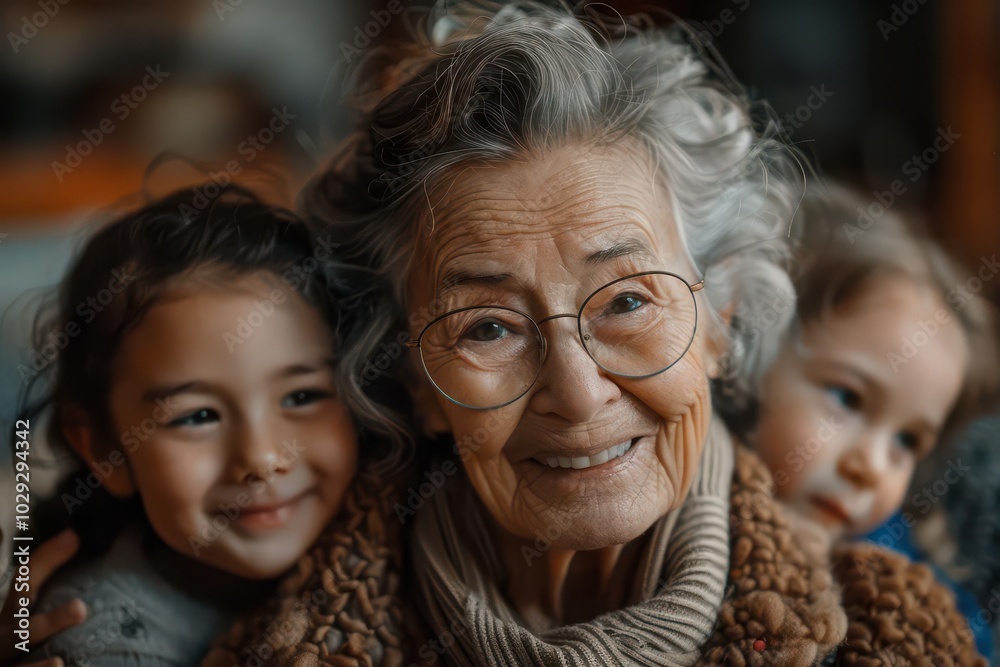 Elderly woman with a twinkle in her eye, sharing a story with her grandchildren Elderly woman with a twinkle in her eye, sharing a story with her grandchildren