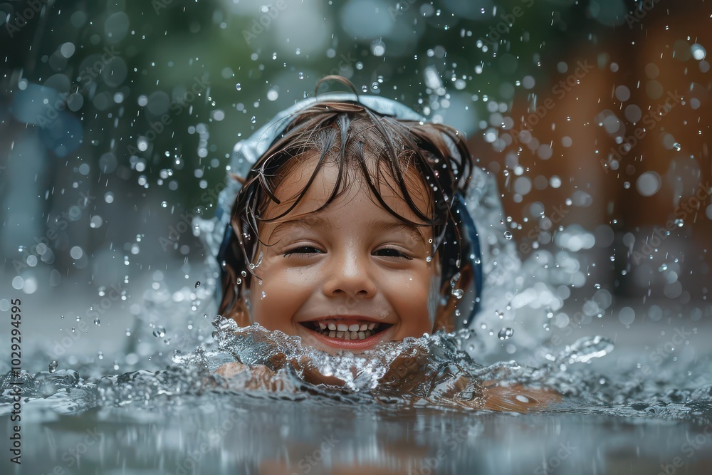 Child with a joyful expression, splashing in a puddle Child with a joyful expression, splashing in a puddle