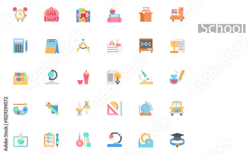 Set of Education and Stationery Icons: School Supplies, Books, Learning Tools, and Academic Elements

