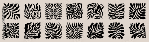 Abstract art leaves in squares. Botanical dark silhouettes, floral concept. Poster, card, print template and background. Vector illustration.