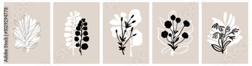 Abstract art leaves, botanical dark silhouettes, floral concept. Poster, card, print template and background. Vector illustration.