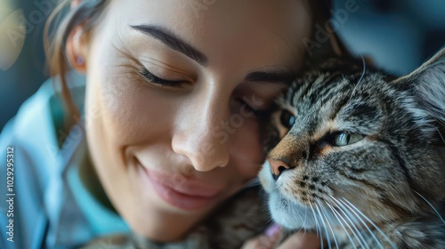 Close-up of a veterinarian grooming a cat detailed light effects sharp reflections hyper-realistic textures stunning visual clarity photo