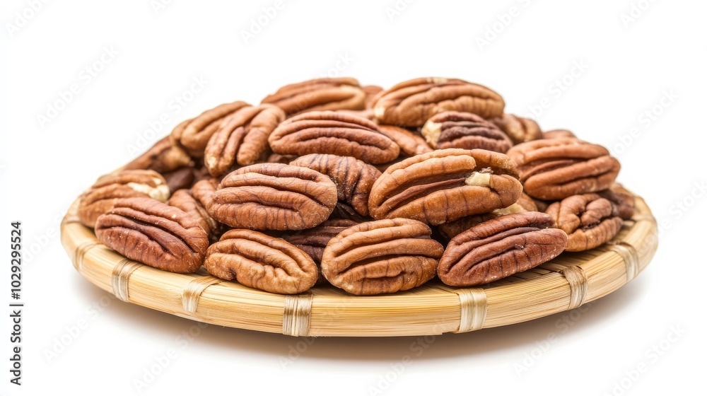 Pecans on bamboo coaster isolated Pecans on bamboo coaster isolated