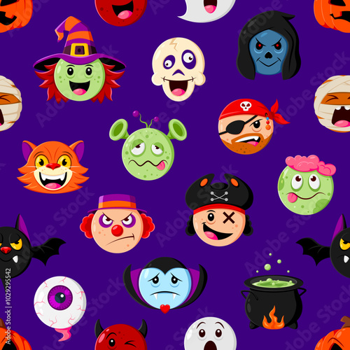 Halloween holiday emoji seamless pattern. Vector background with cat, witch, bat and pirate. Clown, vampire, cauldron or eyeball with ghost, skull and mummy. Zombie, devil, grim reaper and alien