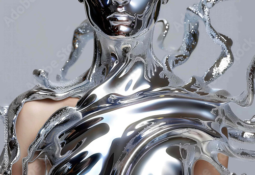 Beautiful fashion model in silver chrome dress surreal concept