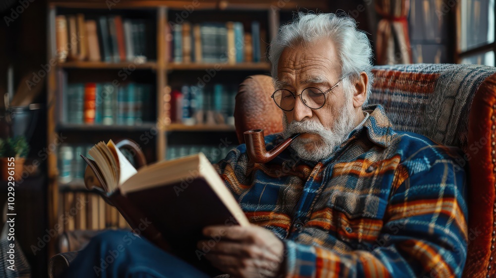 Elderly man with a pipe, reading a book in a comfortable chair Elderly man with a pipe, reading a book in a comfortable chair
