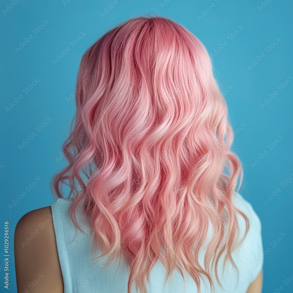 A back view of wavy pastel pink hair flowing over the shoulders, set against a vibrant blue background, creating a stylish and colorful look A back view of wavy pastel pink hair flowing over the shoulders, set against a vibrant blue background, creating a stylish and colorful look