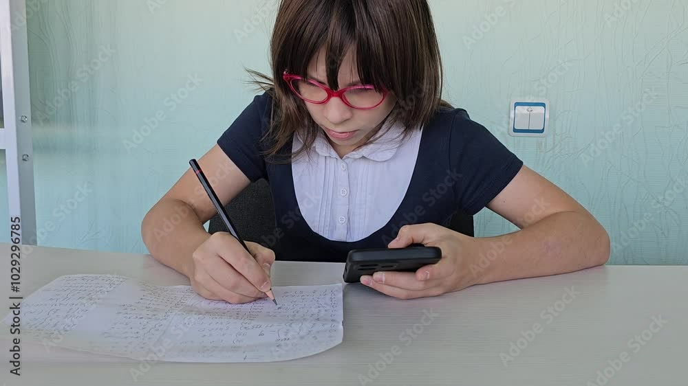 Serious kid doing classwork using smartphone in class and mobile education. Exam cheat sheet
