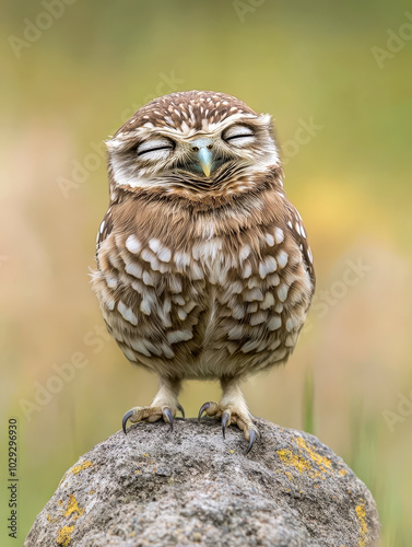 A small, adorable owl with closed eyes, perched on a rock, appearing content and peaceful, set against a soft, natural background