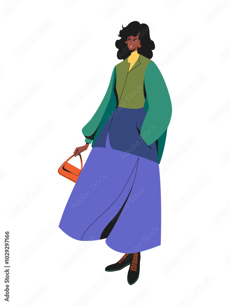 Fashion woman in trendy autumn, and spring outfit. Young stylish African-American woman wearing modern casual clothes. Girl in a stylish raincoat. Vector illustration of fashionable female look. Fashion woman in trendy autumn, and spring outfit. Young stylish African-American woman wearing modern casual clothes. Girl in a stylish raincoat. Vector illustration of fashionable female look.