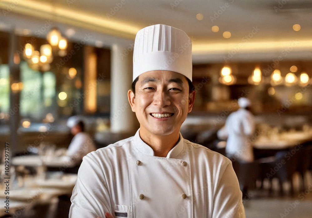 A professional and friendly male chef in a high-end restaurant, confidently wearing a pristine white uniform and hat, showcasing his expertise and passion for creating exquisite dishes. A professional and friendly male chef in a high-end restaurant, confidently wearing a pristine white uniform and hat, showcasing his expertise and passion for creating exquisite dishes.