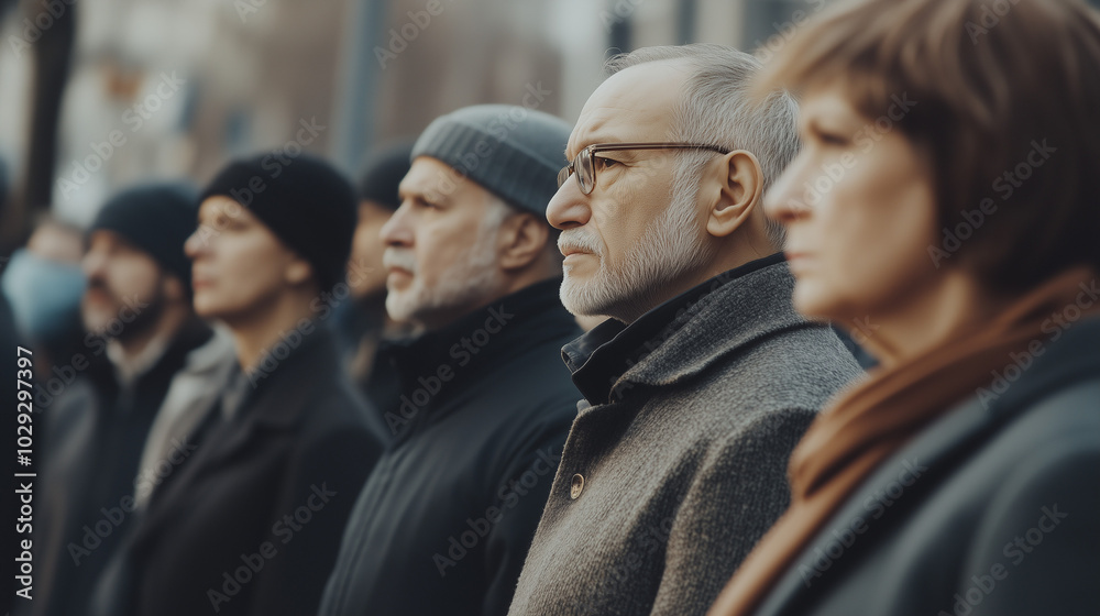 Group of people standing in solemn remembrance outdoors Group of people standing in solemn remembrance outdoors