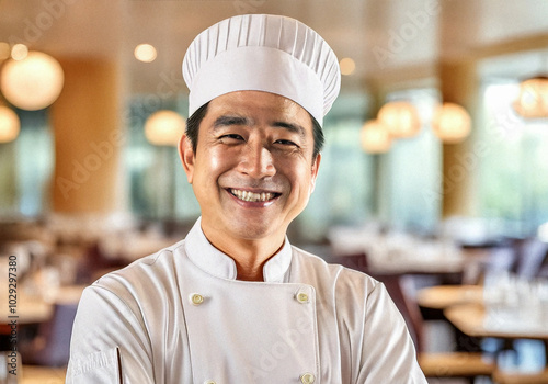 A professional and friendly male chef in a high-end restaurant, confidently wearing a pristine white uniform and hat, showcasing his expertise and passion for creating exquisite dishes.