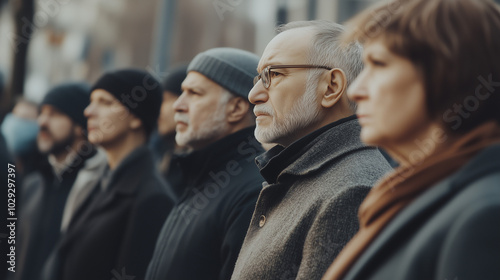 Group of people standing in solemn remembrance outdoors