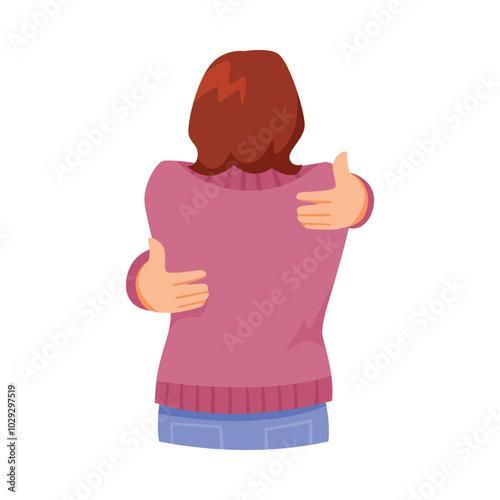 Woman Hugging Herself as Self Embrace Gesture Vector Illustration