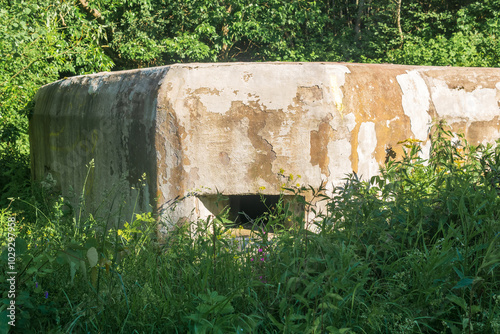 old abandoned concrete pillbox among the grass