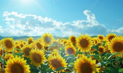 Sunflower field stretching to the horizon under a blue sky, 4K hyperrealistic photo