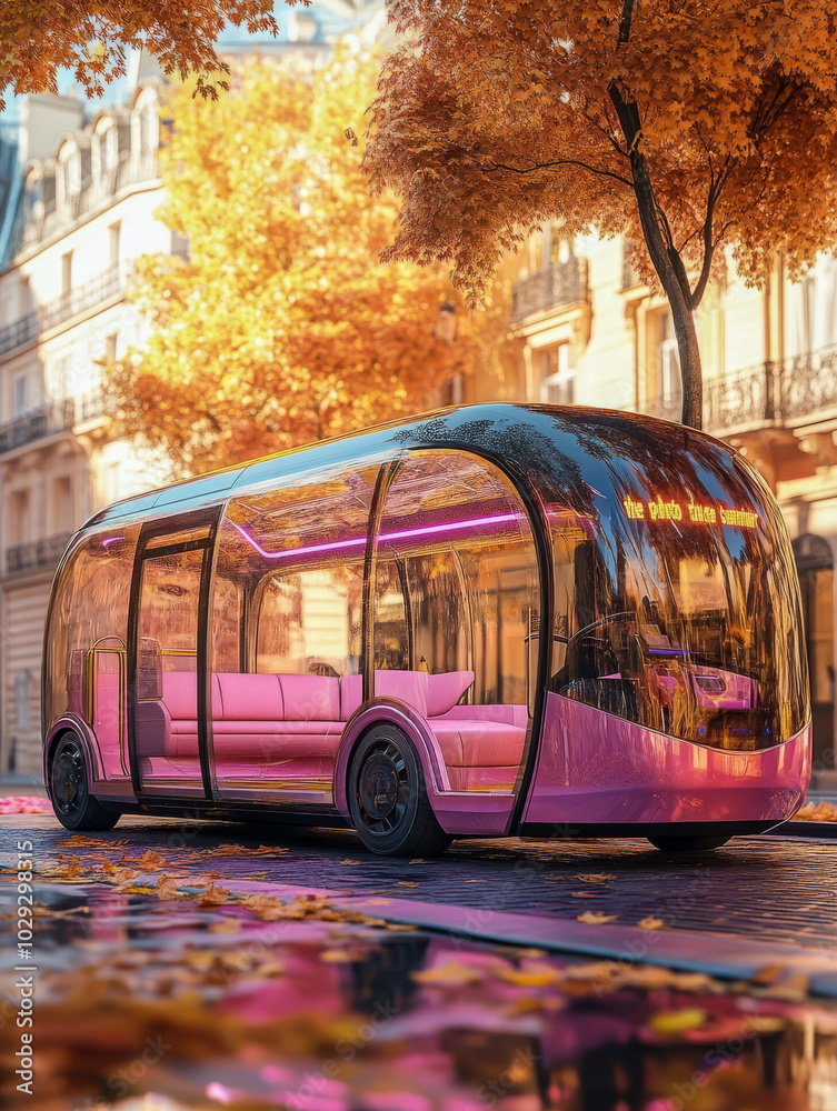 Obraz premium A sleek, futuristic pink electric bus travels through a city street lined with autumn trees, reflecting modern urban transportation trends