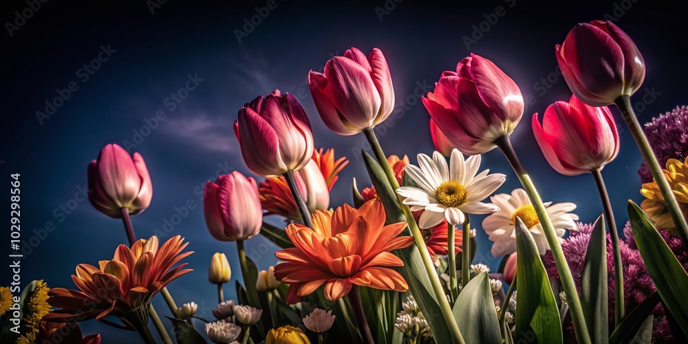 Vibrant Flower Arrangement on Blue Background for Spring Decor Vibrant Flower Arrangement on Blue Background for Spring Decor