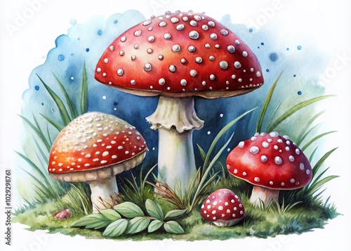 Vibrant Fly Agaric and Blue Mushrooms - Botanical Watercolor Illustration