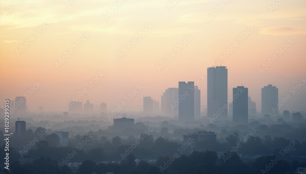 Misty city skyline at dawn with tall buildings and soft pastel colors in the sky Misty city skyline at dawn with tall buildings and soft pastel colors in the sky