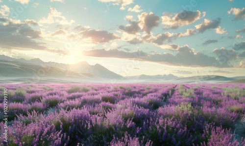 Sunlit lavender field with distant mountains, 4K hyperrealistic photo