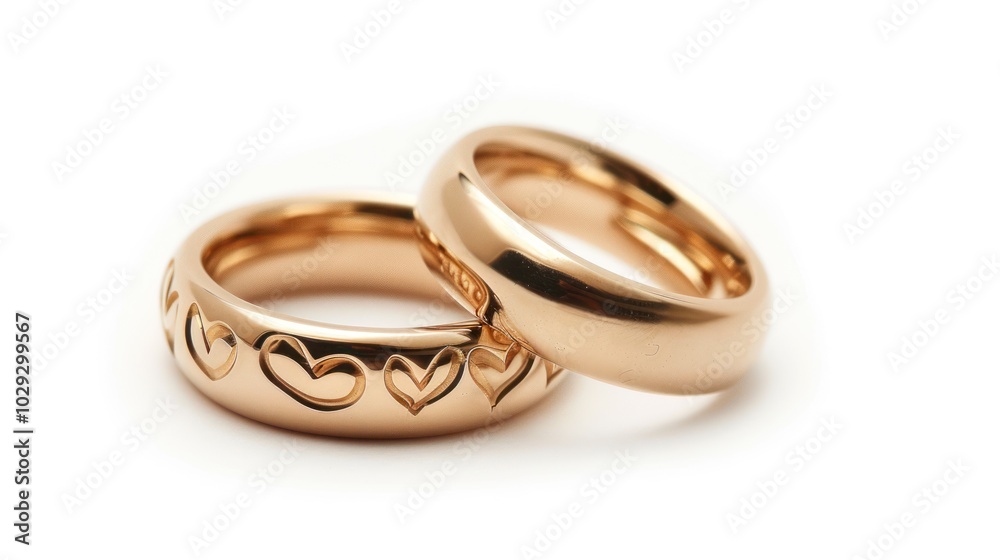 Two Gold Wedding Bands With Heart Details Two Gold Wedding Bands With Heart Details