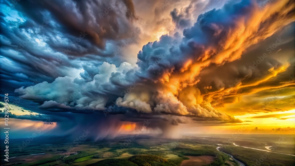 Naklejka premium Dramatic Drone Photography of a Stormy Cloudscape Overhead with Dark Skies and Lightning Effects