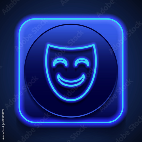 Mask simple icon vector. Flat design. Blue neon style on button. With shadow