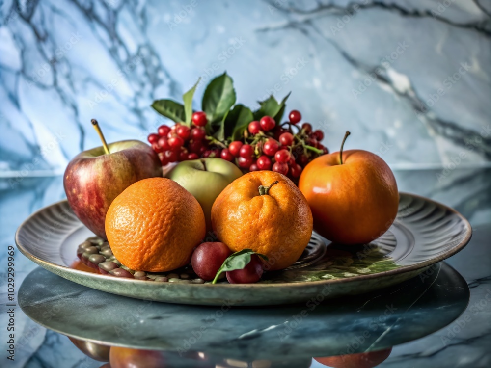 Vibrant Fruit Still Life: Oranges, Apples, and Berries on Elegant Marble Plate Vibrant Fruit Still Life: Oranges, Apples, and Berries on Elegant Marble Plate