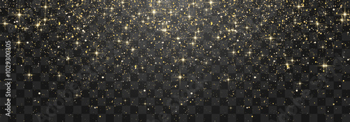 Glitter gold particles shine effect on transparent background. Vector gold glitter particles effect and texture. Stardust amber particles color on png background. Golden explosion of confetti