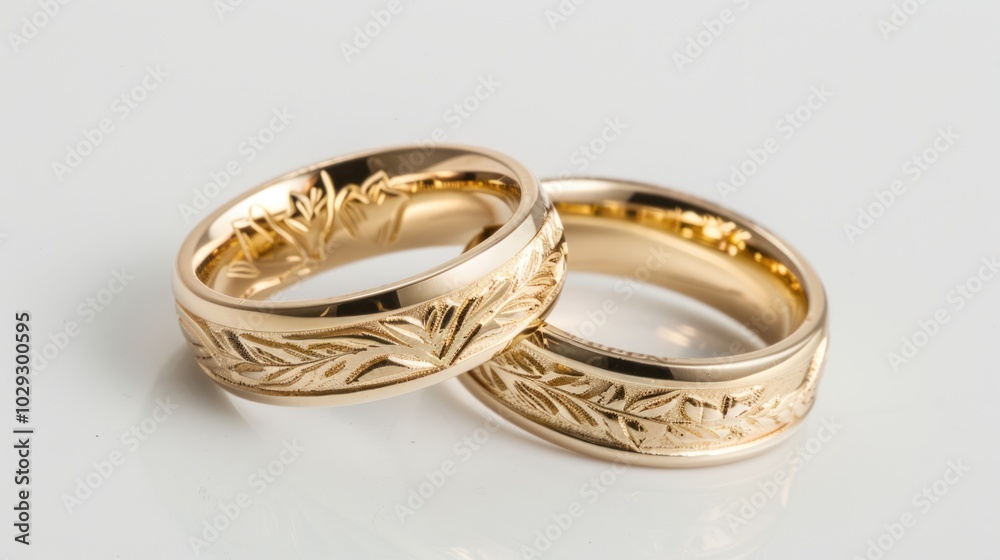 Two Gold Wedding Bands with Intricate Leaf Design Two Gold Wedding Bands with Intricate Leaf Design