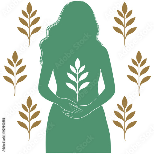 Elegant feminine silhouette symbolizing calm womanhood and natural growth, featuring a delicate sprout with leaves representing eco-friendly values, perfect for wellness designs minimalistic and grace