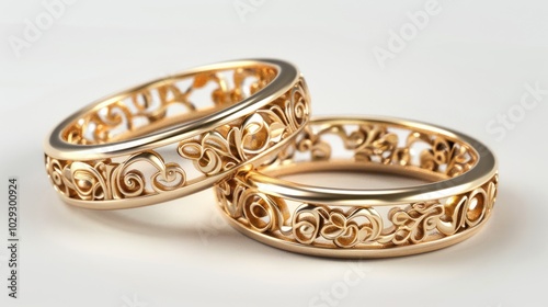 Two Intertwined Gold Rings with Intricate Floral Designs