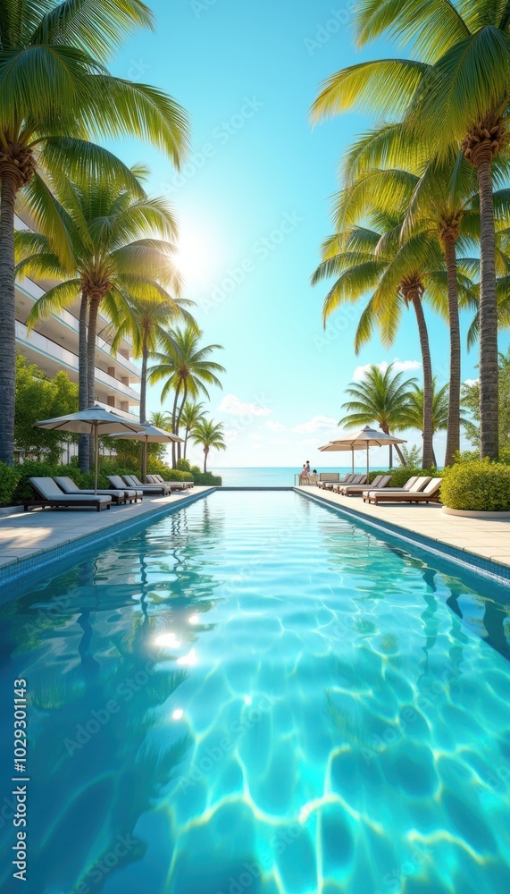 Fototapeta premium Tranquil resort scene featuring a crystal-clear pool surrounded by palm trees, perfect for vacation marketing, travel brochures, and promotional materials.