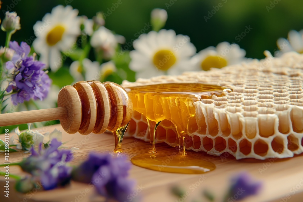 A honeycomb with dripping honey, a wooden stick dripping honey on it ...